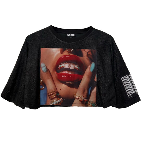 CROP TOP BRILLO NEGRO BOCA