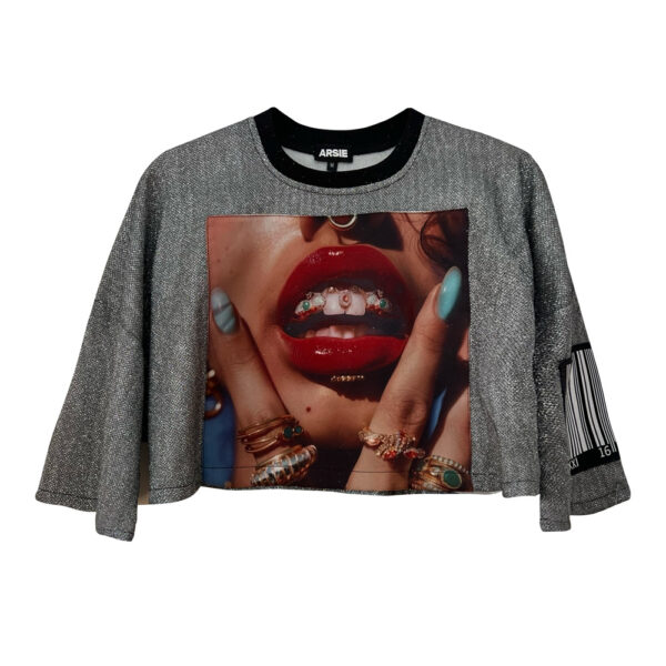CROP TOP BRILLO PLATA BOCA